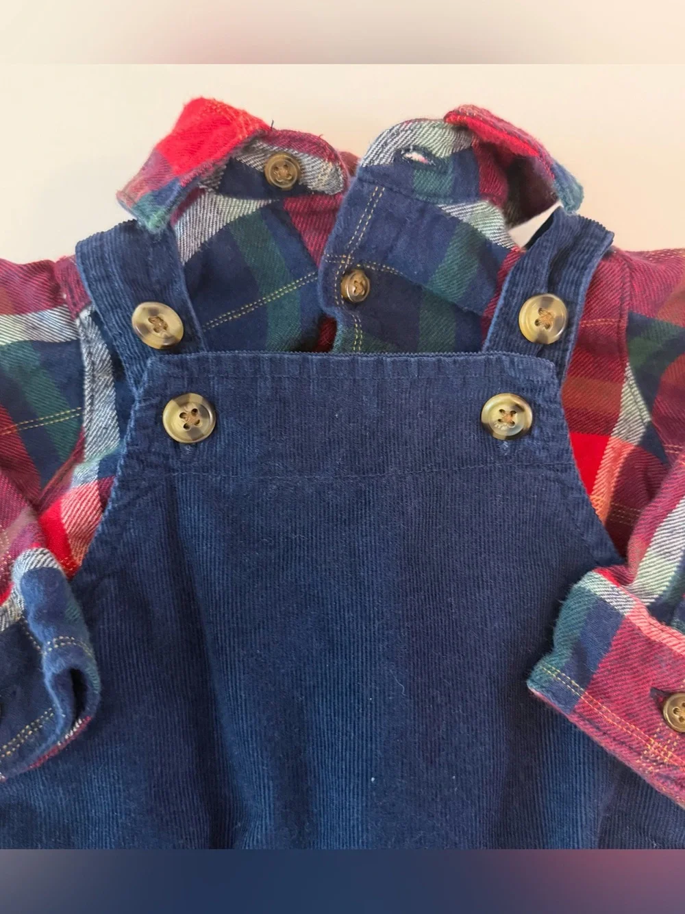 Carter’s Baby Boys Plaid Shirt & Navy Corduroy Overalls Outfit 0-3M
